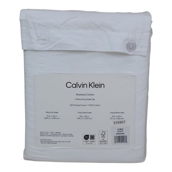 Calvin Klein Washed Cotton 4 Piece King Sheet Set 300 Thread Count White - Picture 3 of 8
